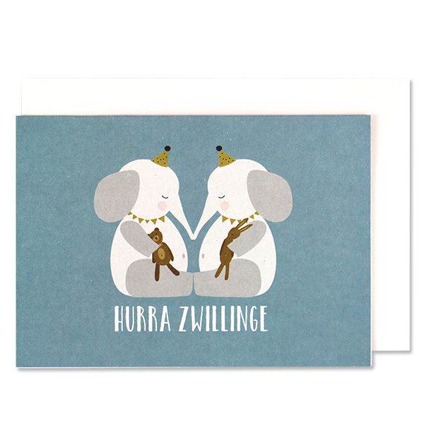 ava&yves Klappkarte Elefantenbabies, blau – Hurra Zwillinge